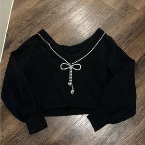 Express Black V-Neck Sweater with Diamond Bow Detail